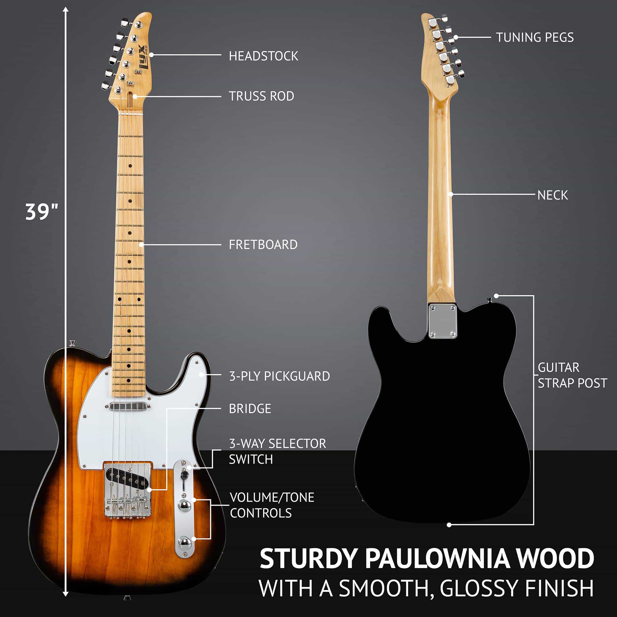 Guitarra Eléctrica LyxPro TL Series de 39 pulgadas, Cuerpo - Imagen 7