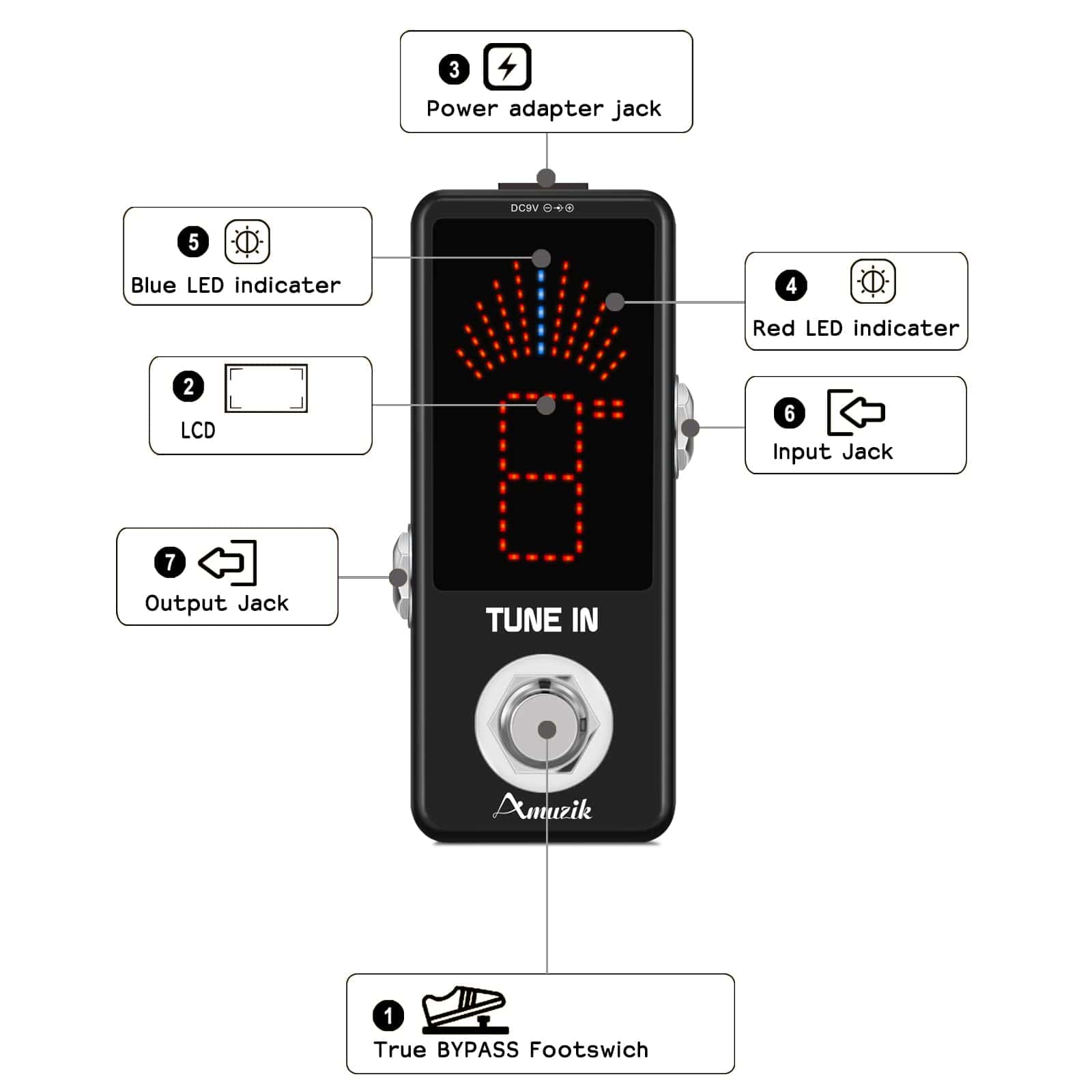 Pedal Afinador de Guitarra Amuzik de Alta Precisión - - Imagen 3