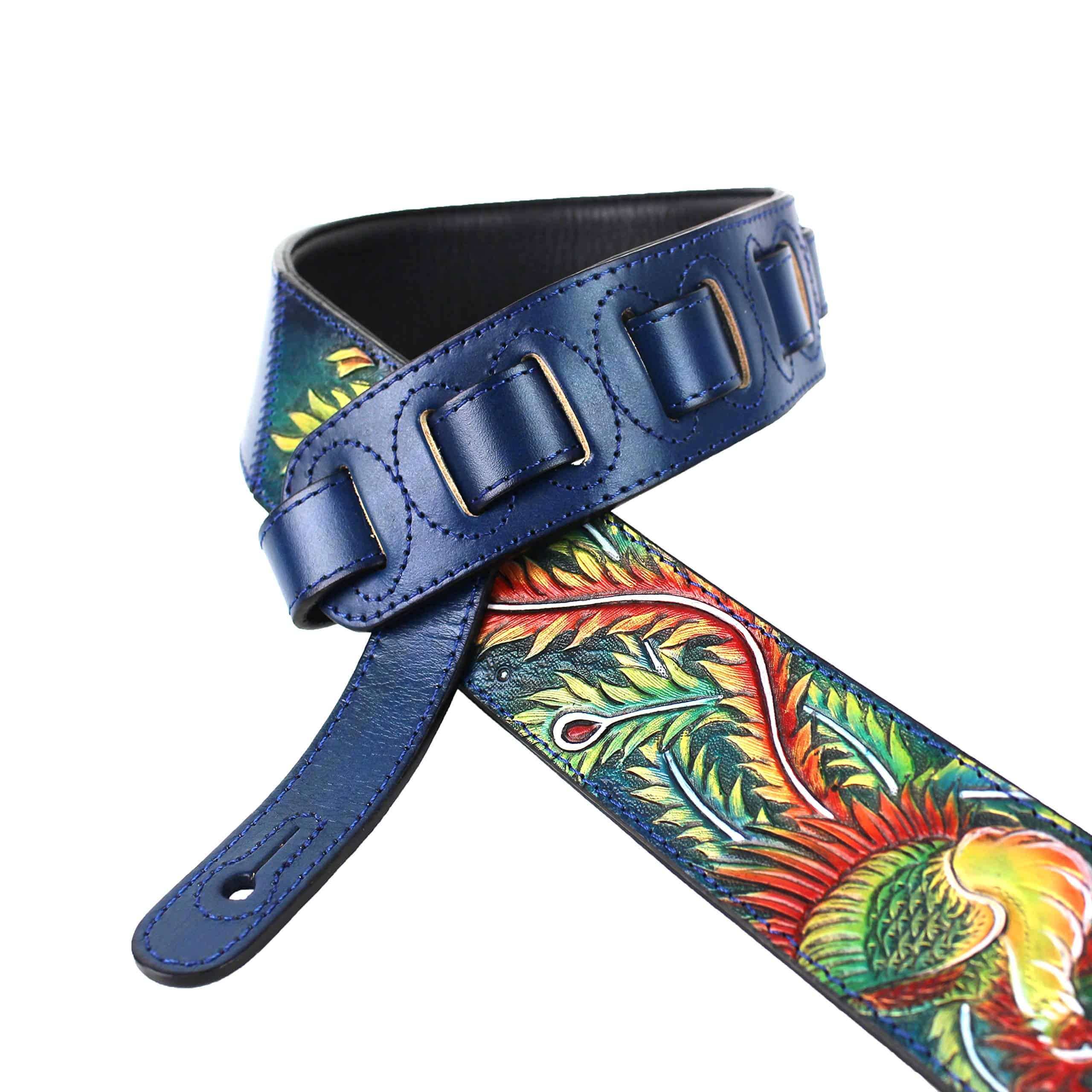 Correa de guitarra acolchada de cuero de grano premium azul - Imagen 3