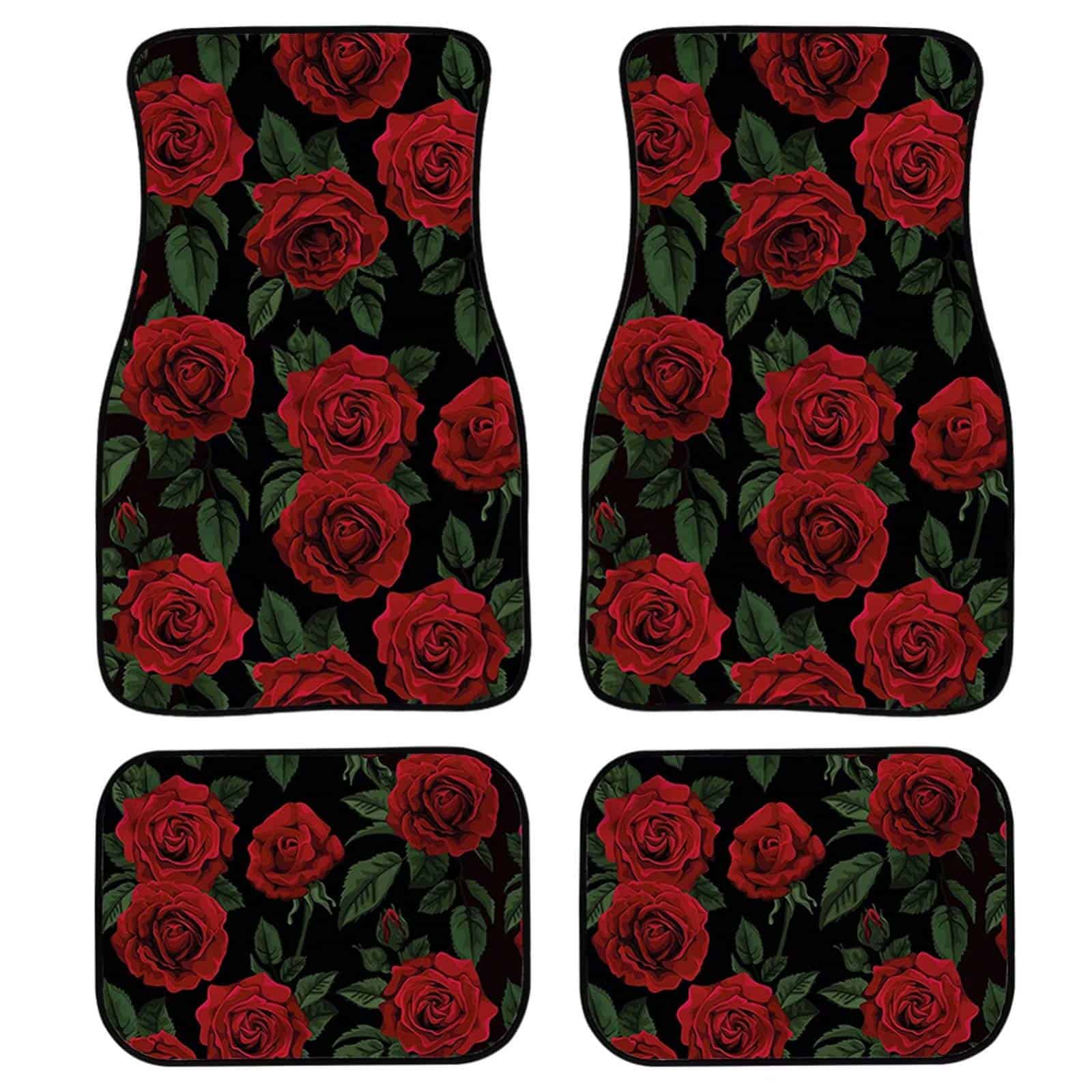 Juego de 4 Tapetes para Auto con Patrón de Rosa Roja para