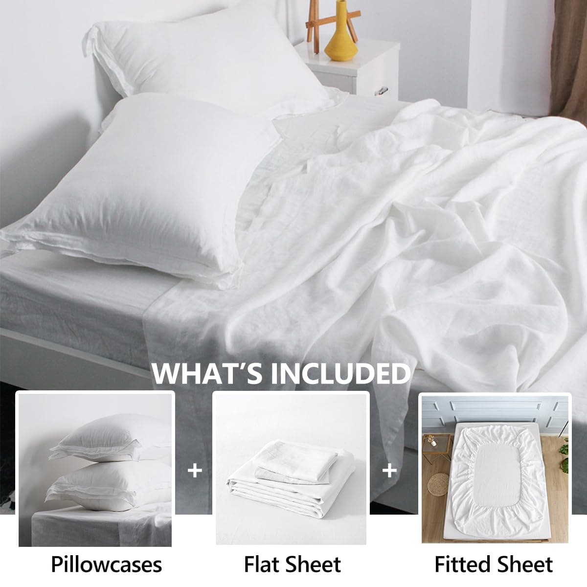 Juego de sábanas de lino francés 100% -Blanco - Imagen 6