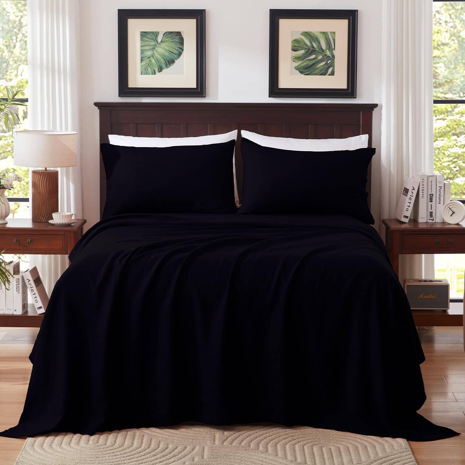 Juego de sábanas de lino puro TOSMO, 100% -Negro