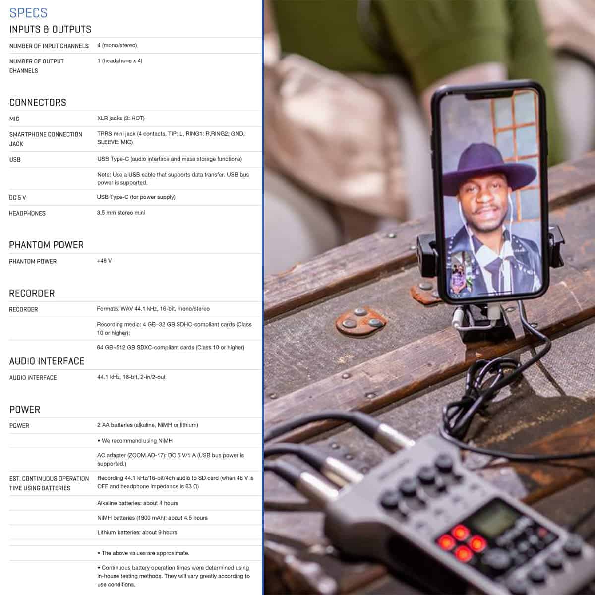 Zoom PodTrak P4 Grabador de podcast multitrack portátil + - Imagen 6