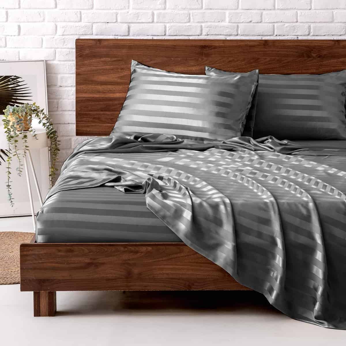 Juego de Sábanas de Satén MR&HM, Tamaño -Gris Oscuro a Rayas