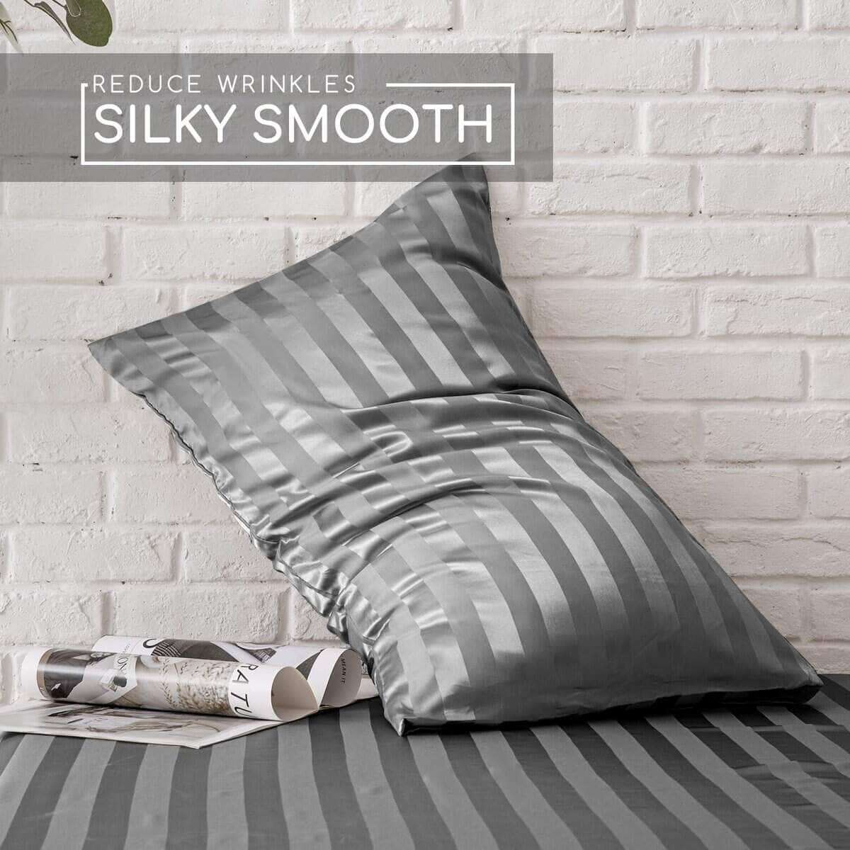 Juego de Sábanas de Satén MR&HM, Tamaño -Gris Oscuro a Rayas - Imagen 5