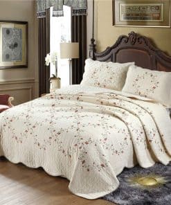 Juego de Colcha Hojas Florales 3D Bordado 3 Piezas Algodón