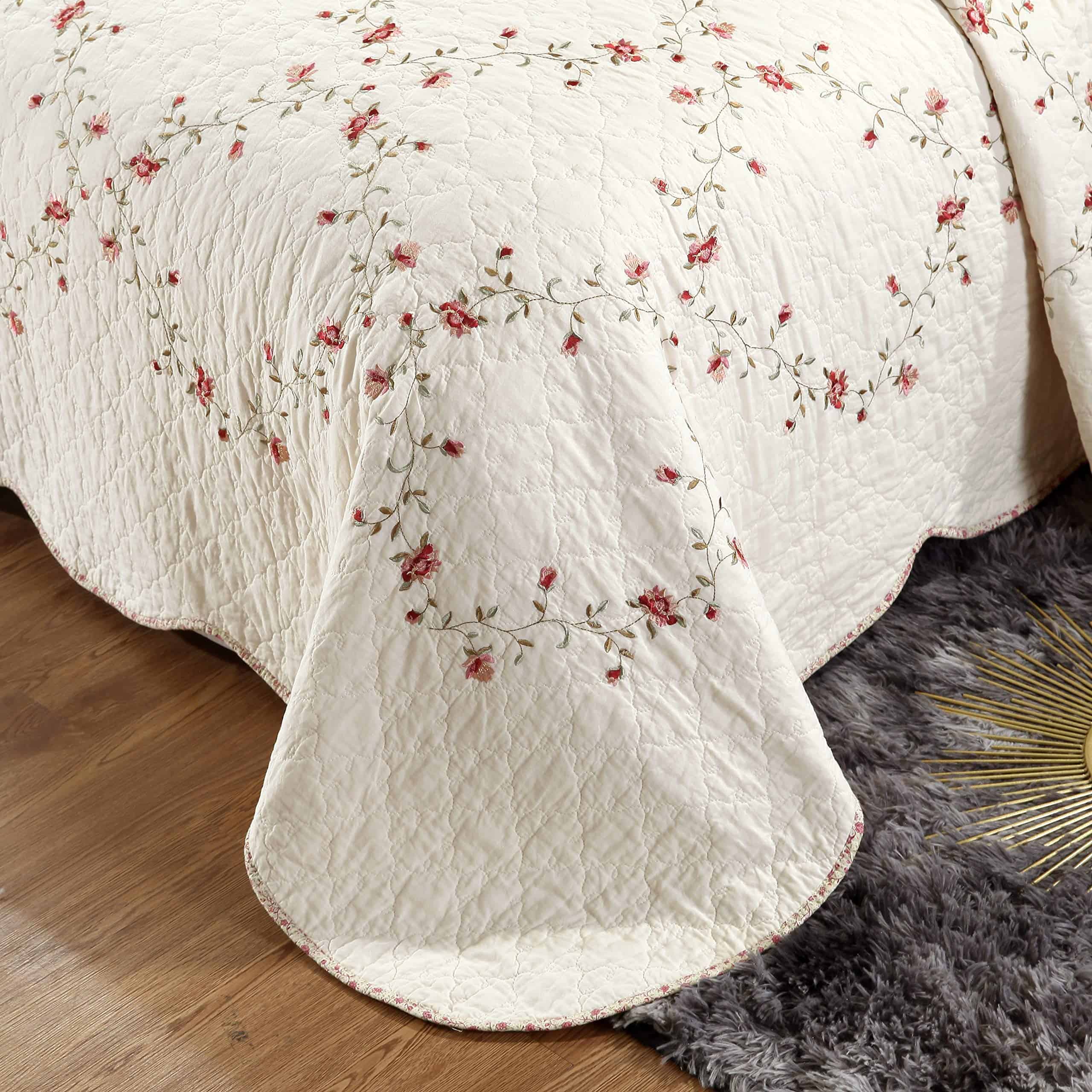 Juego de Colcha Hojas Florales 3D Bordado 3 Piezas Algodón - Imagen 6