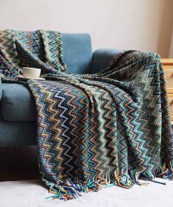 Manta de Punto con Textura BlueDorado con Flecos