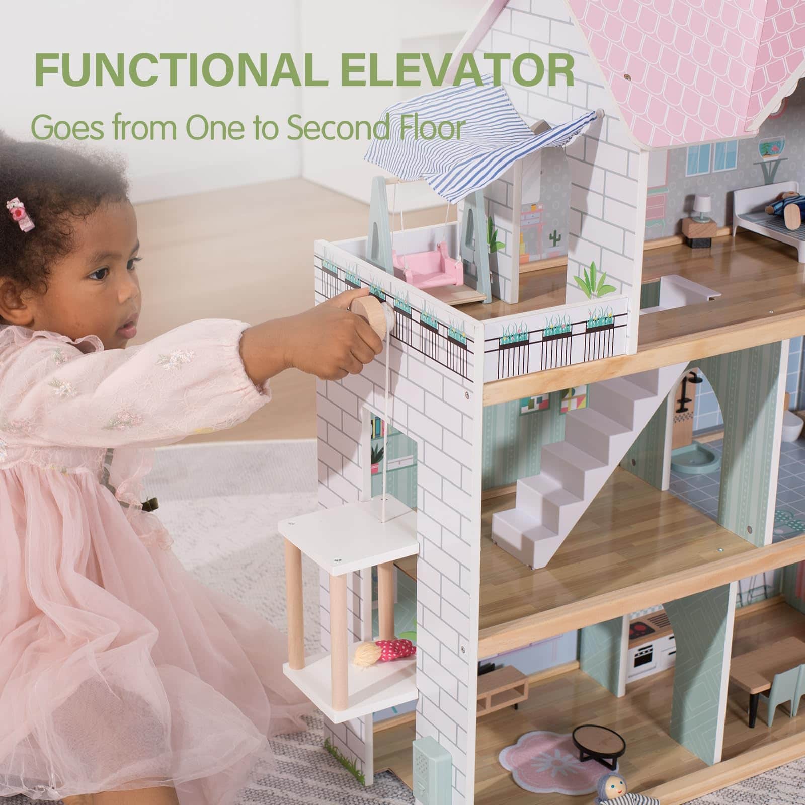 Casa de muñecas de madera rosa Giant bean con set de - Imagen 4