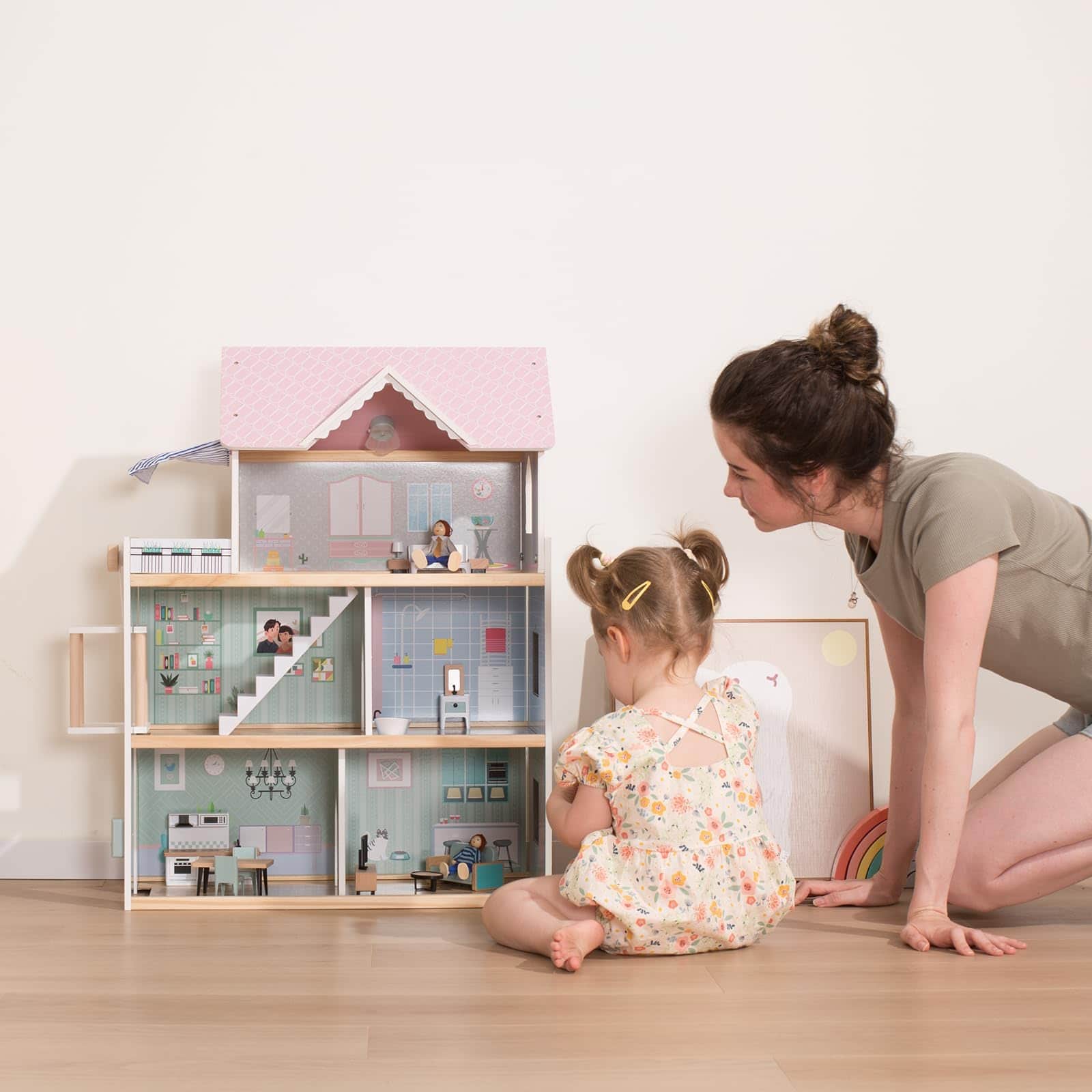 Casa de muñecas de madera rosa Giant bean con set de - Imagen 10