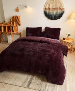 Juego de funda de edredón de piel sintética -Borgoña