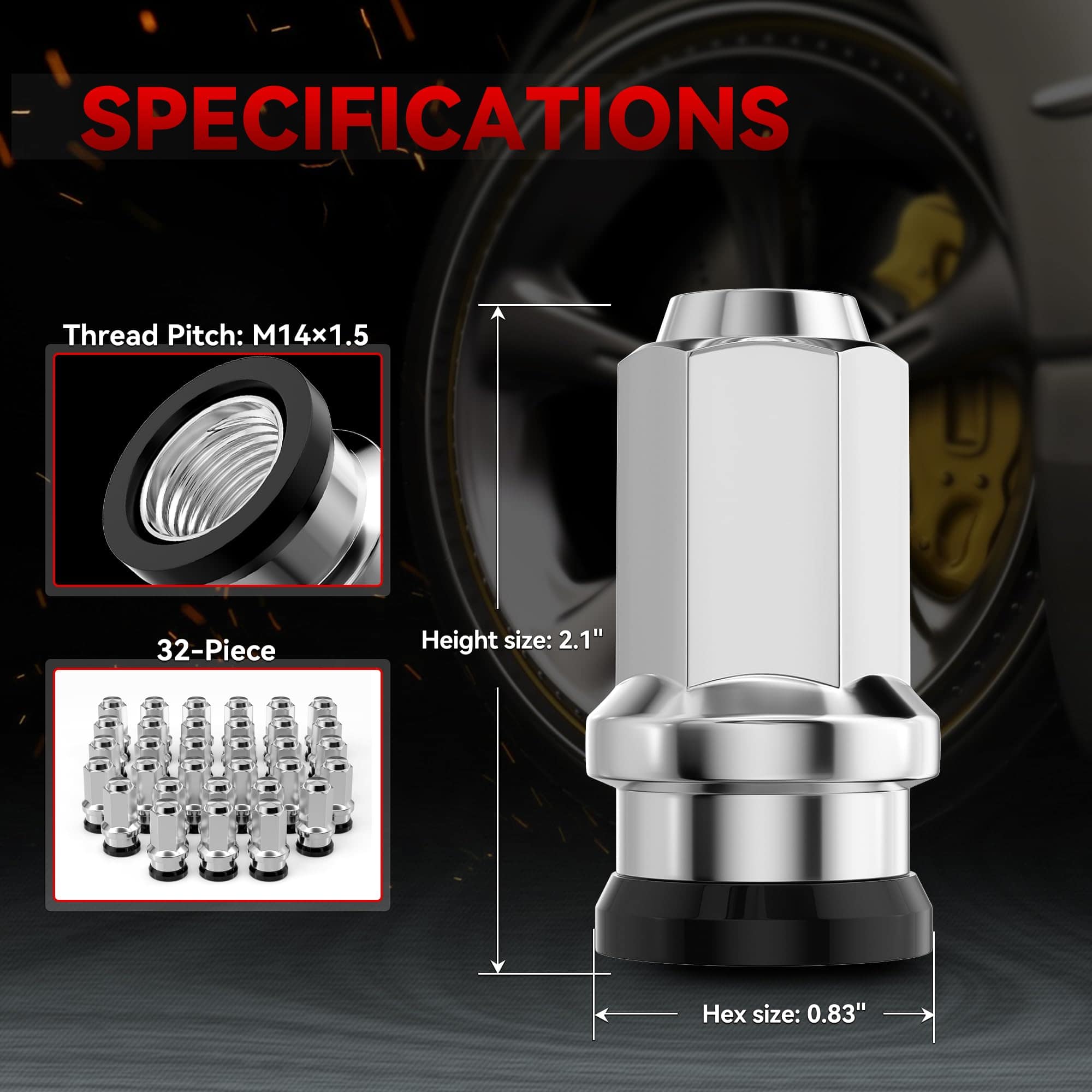 Tuerca para rueda OEM EZISOE M14x1.5 32 PCS, 2.1" de altura - Imagen 3