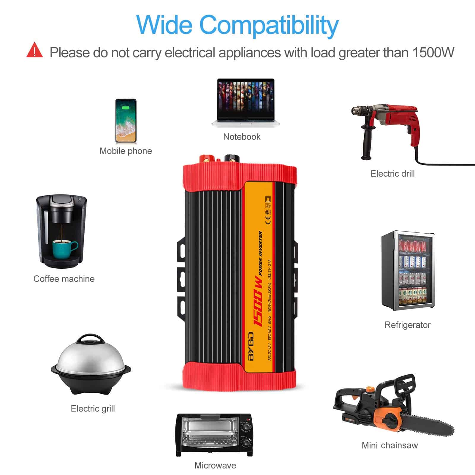 Inversor de Corriente BYGD 1500W DC 12V a 110V AC con Pico - Imagen 6