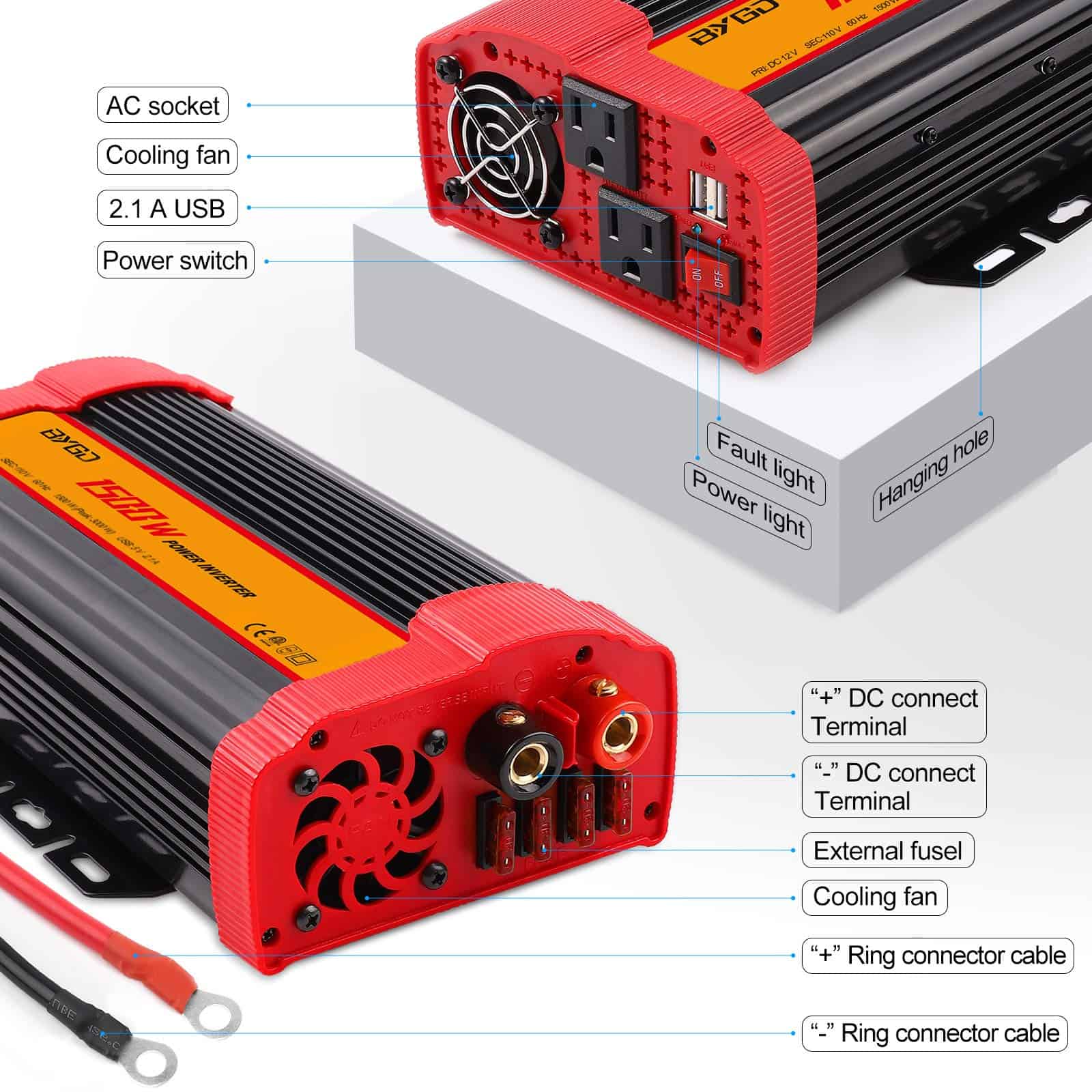 Inversor de Corriente BYGD 1500W DC 12V a 110V AC con Pico - Imagen 7
