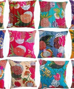 Funda de Cojín de Algodón Kantha Hecha a Mano con Estampado