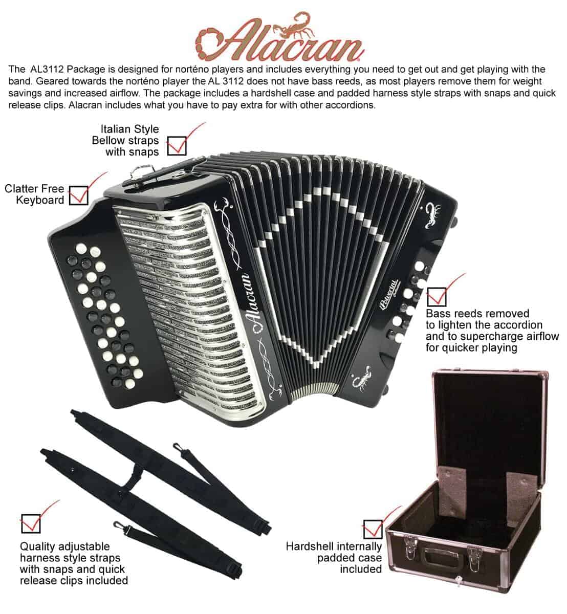 Paquete de Acordeón Alacran AL3112: Acordeón de -Negro Brill - Imagen 3
