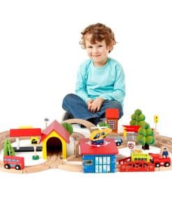 Set de tren de madera Qilay de 69 piezas - Juguetes de tren