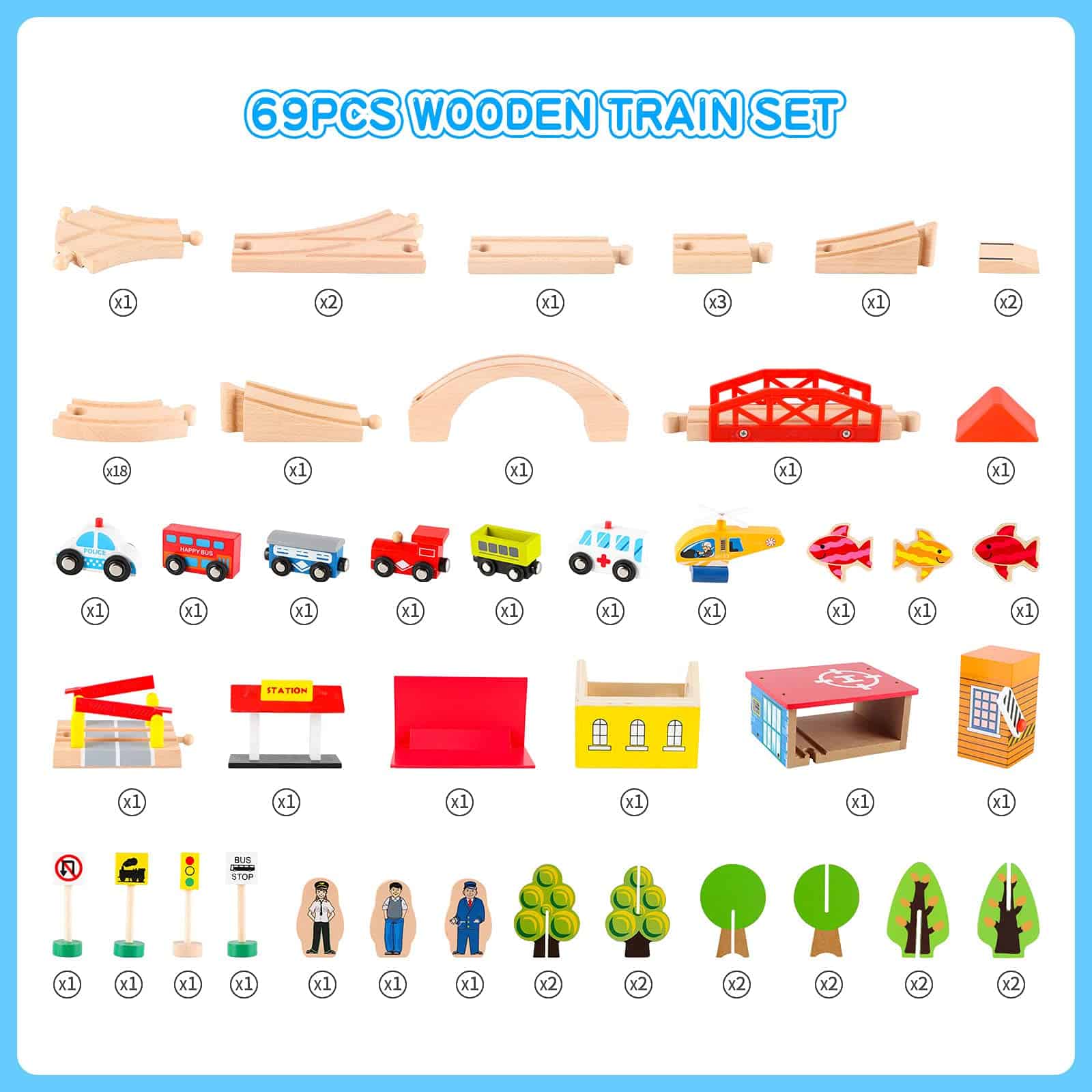 Set de tren de madera Qilay de 69 piezas - Juguetes de tren - Imagen 8