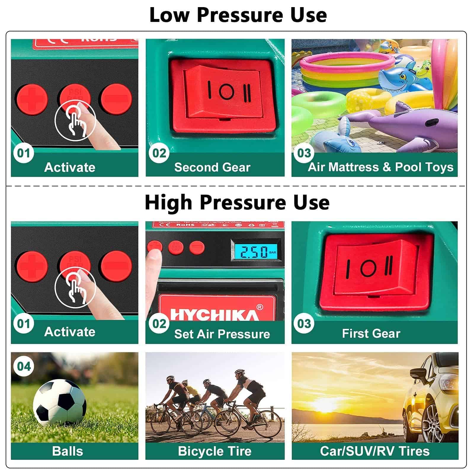 Inflador de neumáticos, bomba de aire portátil HYCHIKA - Imagen 6