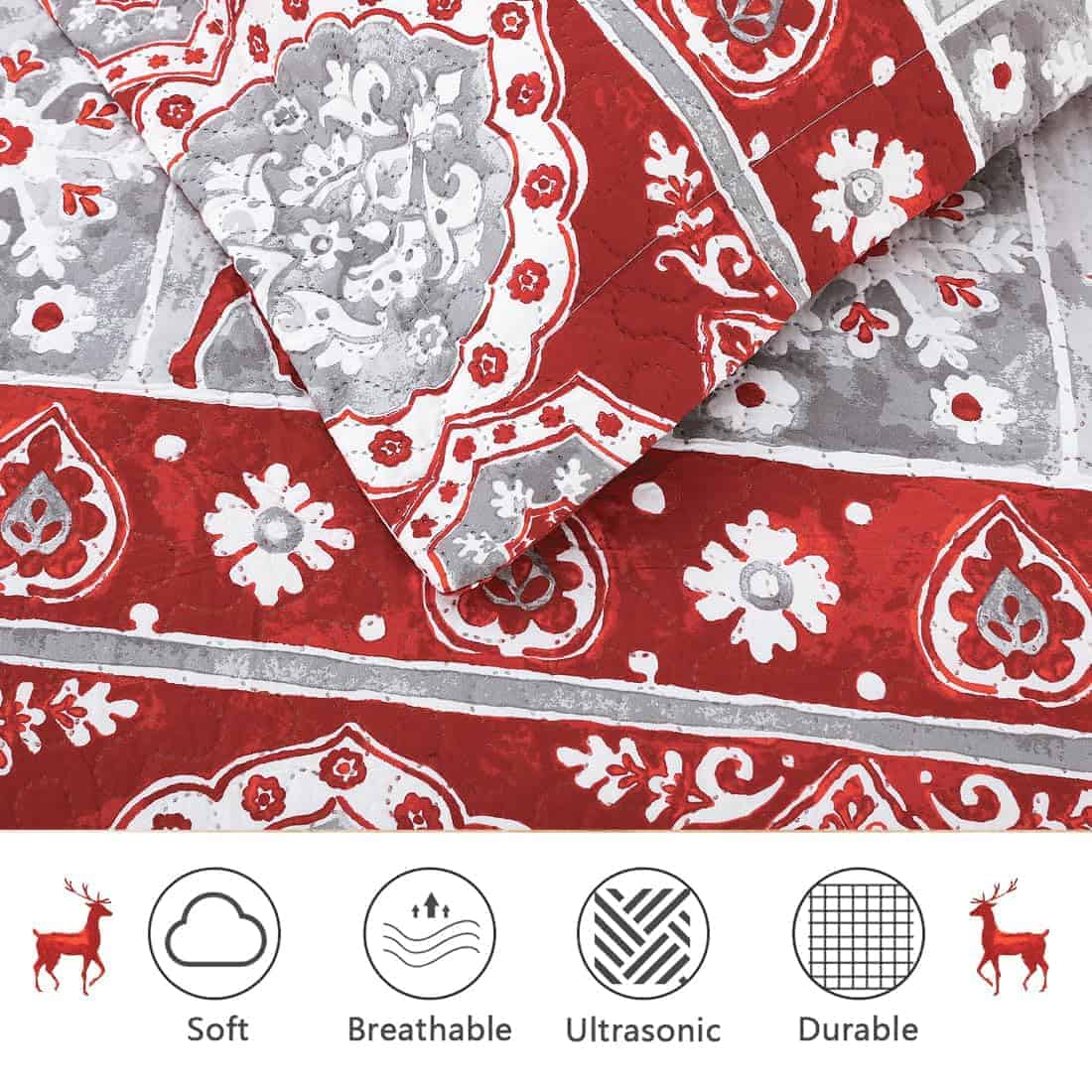 Colcha de Cama de Reno Navideño Rojo y Gris Tamaño - Imagen 7