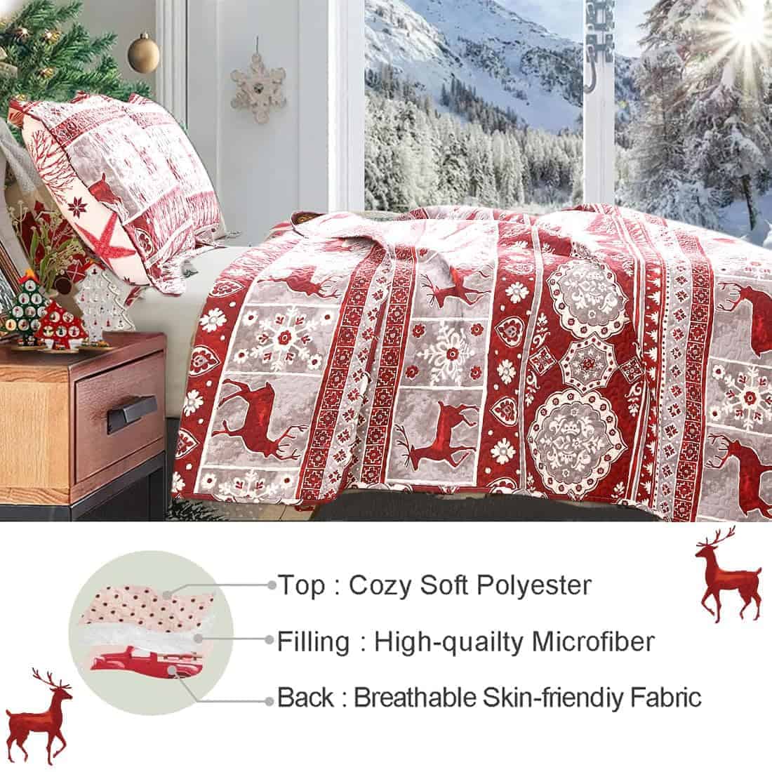 Colcha de Cama de Reno Navideño Rojo y Gris Tamaño - Imagen 4