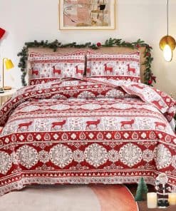 Colcha de Cama de Reno Navideño Rojo y Gris Tamaño