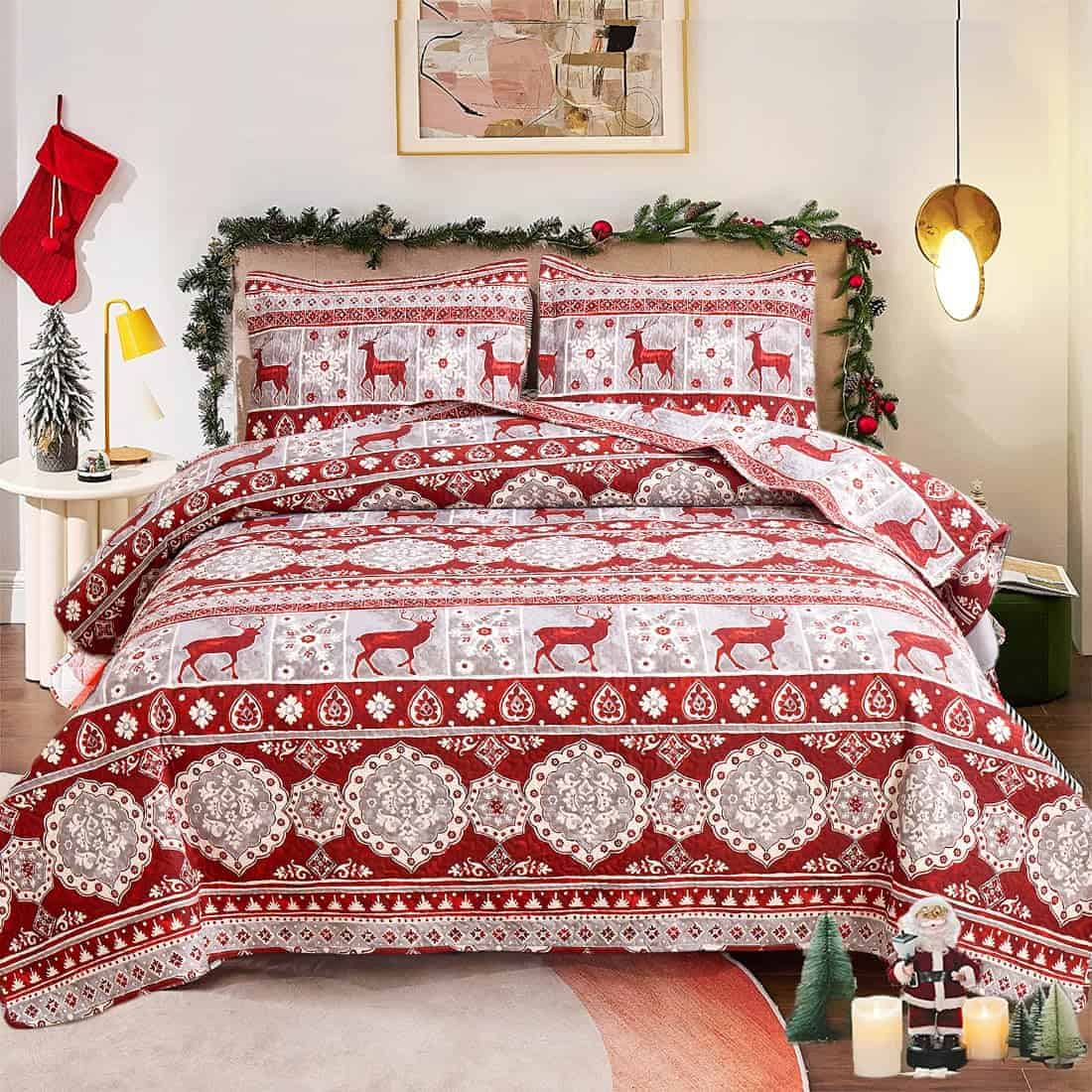 Colcha de Cama de Reno Navideño Rojo y Gris Tamaño