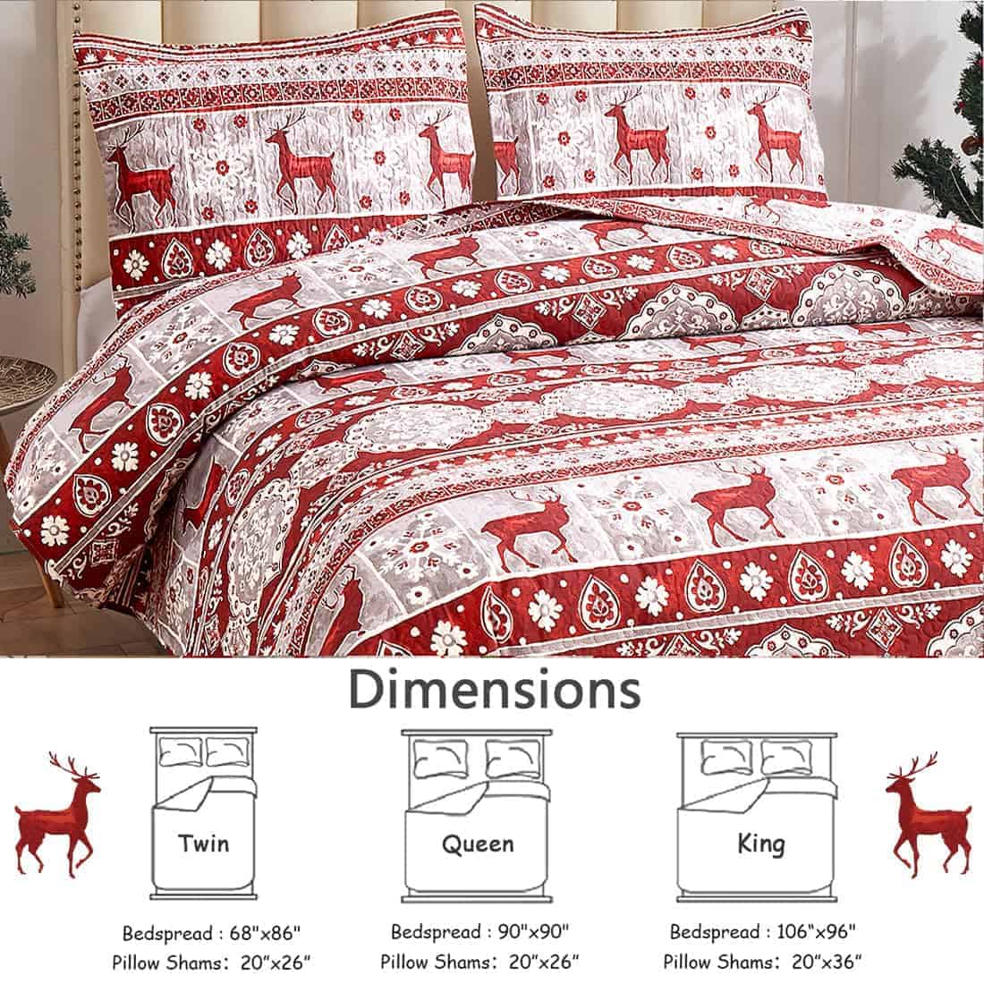 Colcha de Cama de Reno Navideño Rojo y Gris Tamaño - Imagen 5