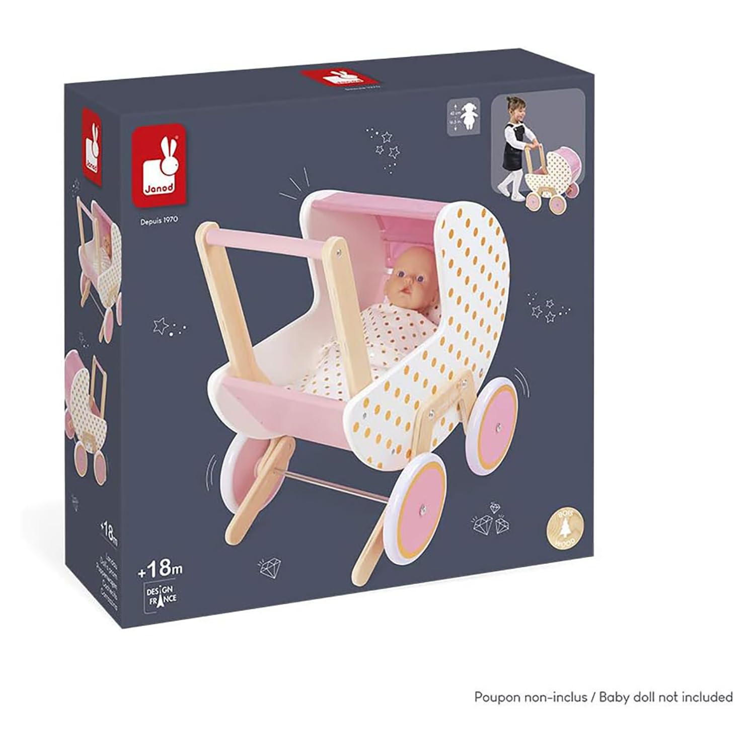 Cochecito de Madera Candy Chic de Janod - con Almohada y - Imagen 8