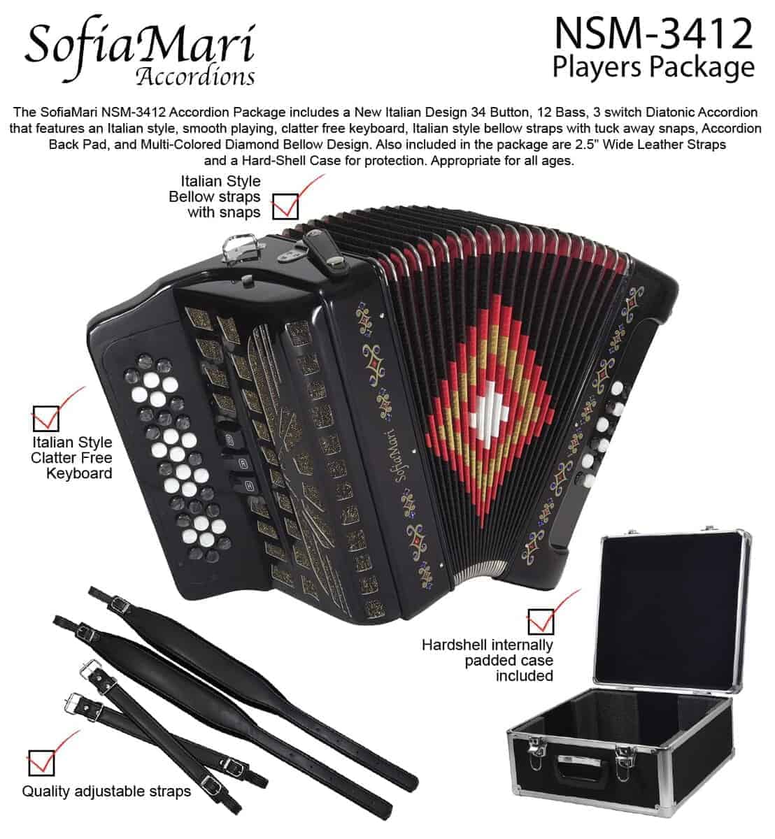 Acordeón SofiaMari NSM3412: 34 Botones, -Negro Brillante - Imagen 3