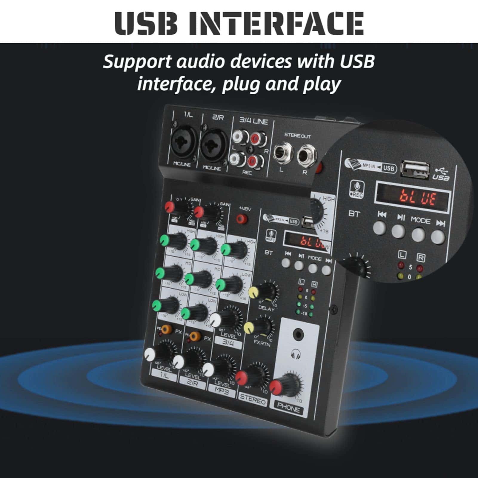 Mixer de Audio Portátil, Consola de Mezcla BT de 4 Canales - Imagen 4