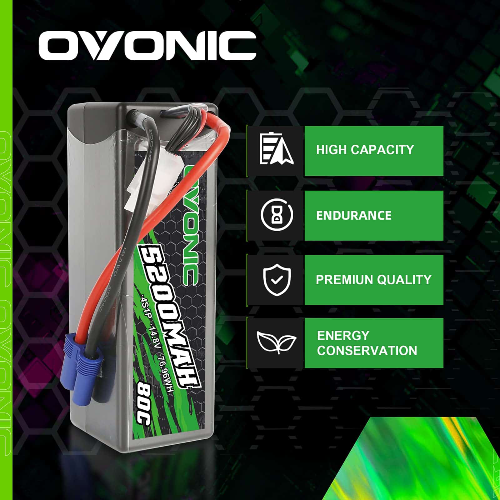 Batería Lipo OVONIC 4S 80C 5200mAh 14.8V con Conector EC5 - Imagen 7
