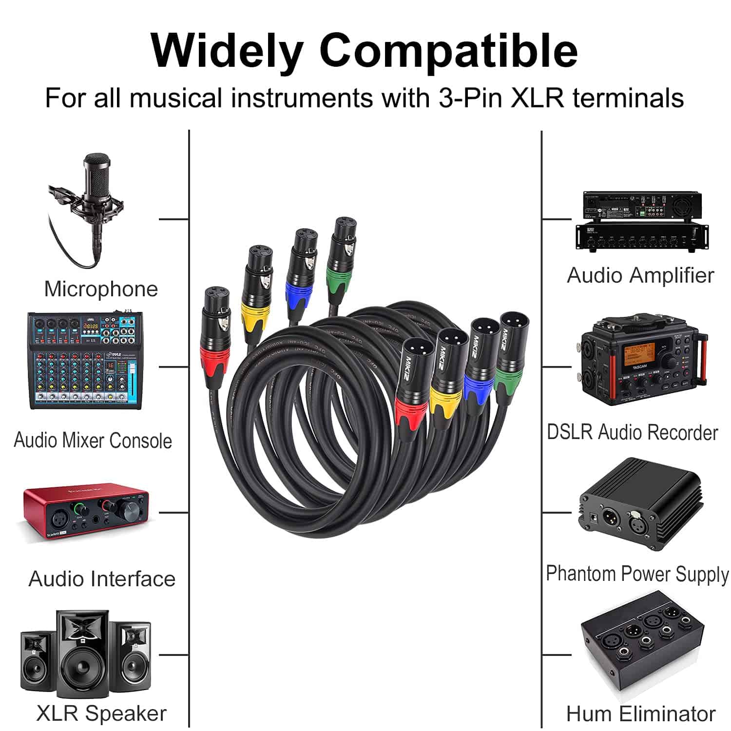 Cable de Micrófono XLR MIKIZ 6 pies Paquete de 4 Cables de - Imagen 3