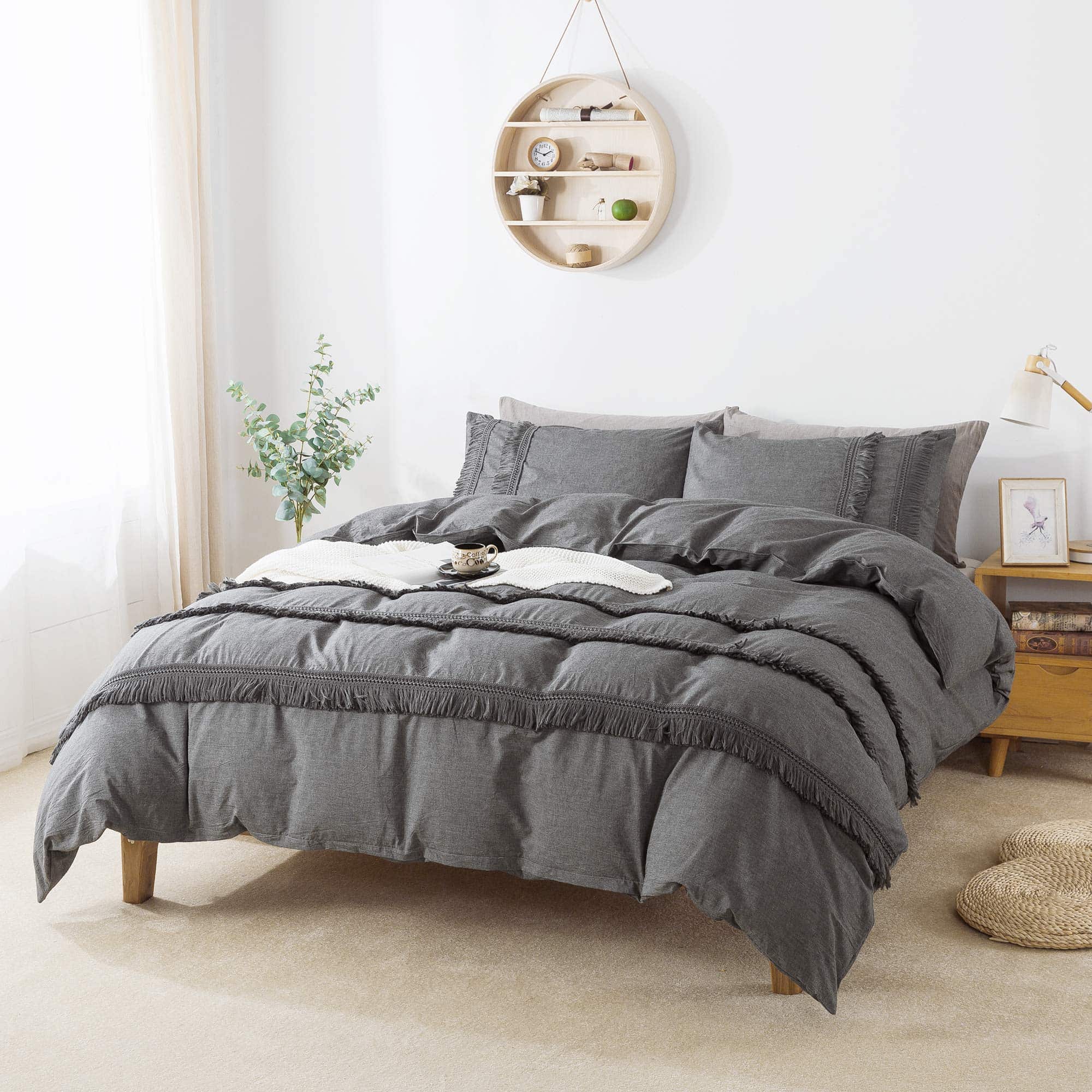 Juego de Ropa de Cama con Borlas Grises Tamaño Twin 3Pzas