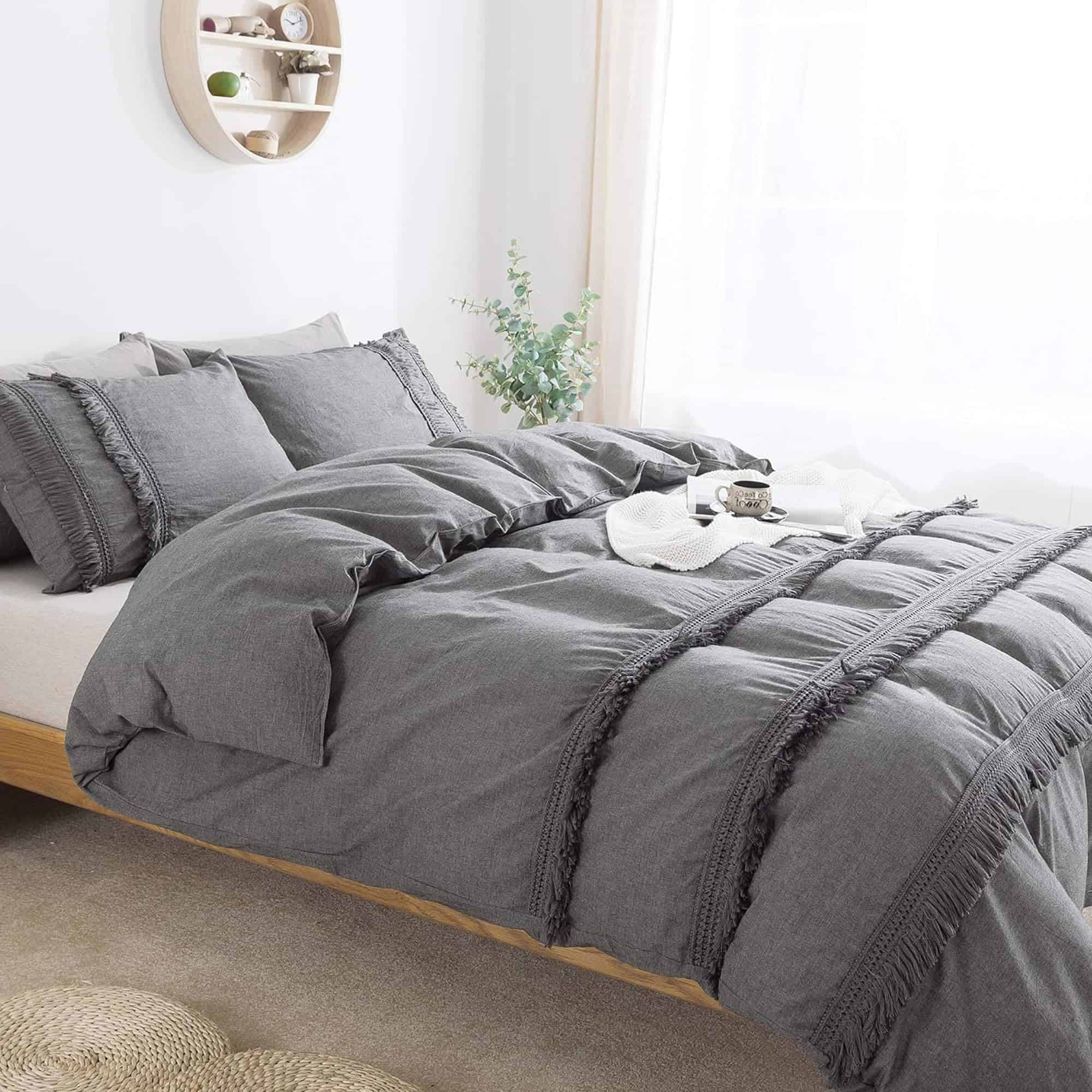 Juego de Ropa de Cama de Borlas Gris Softta Tamaño Queen