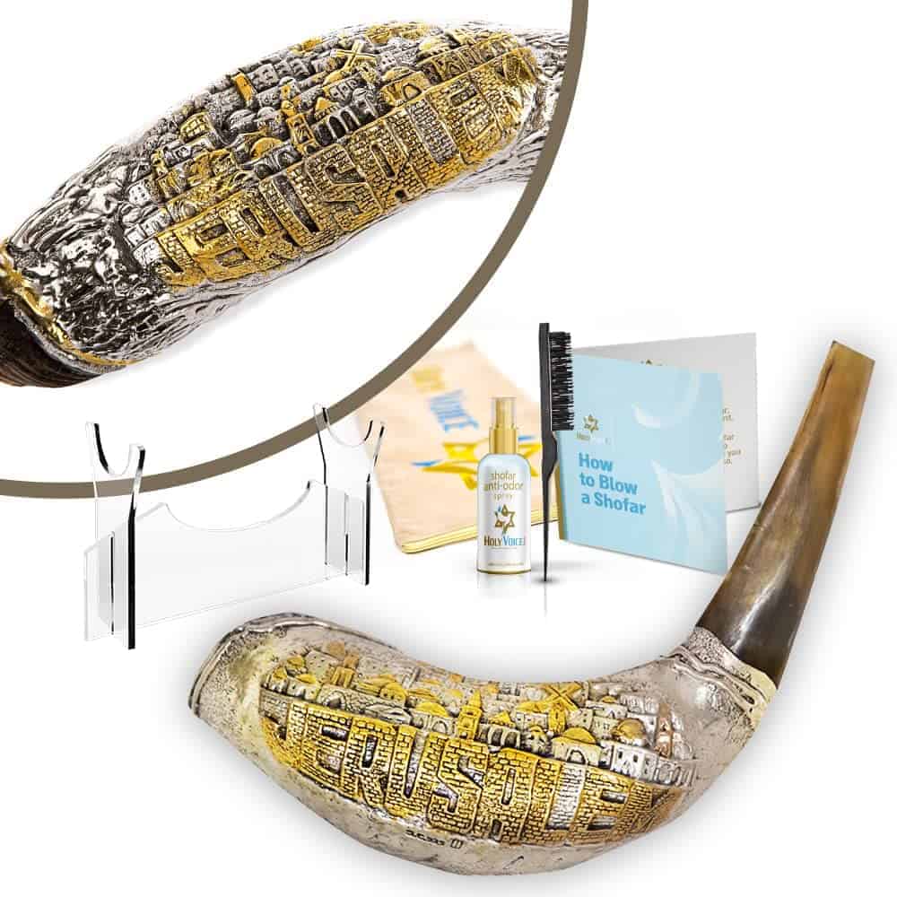Shofar de Carnero Decorativo con Decoración de "Jerusalén"