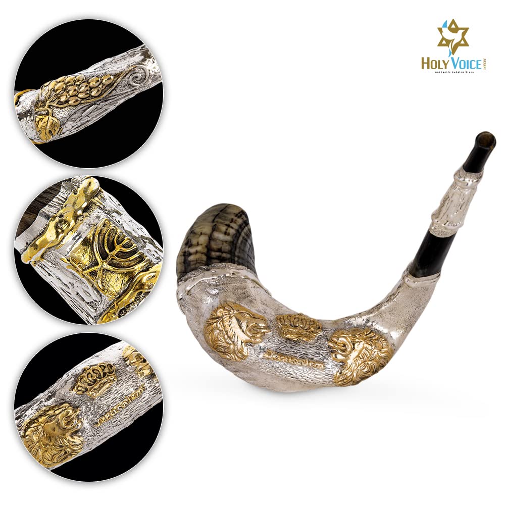 Shofar de Carnero Decorativo con "Leones y Corona" Bañado - Imagen 3