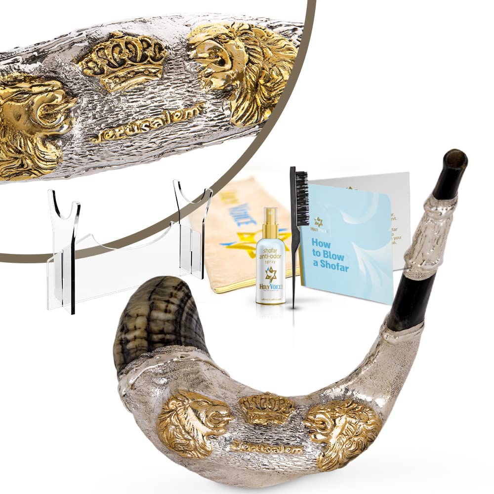 Shofar de Carnero Decorativo con "Leones y Corona" Bañado
