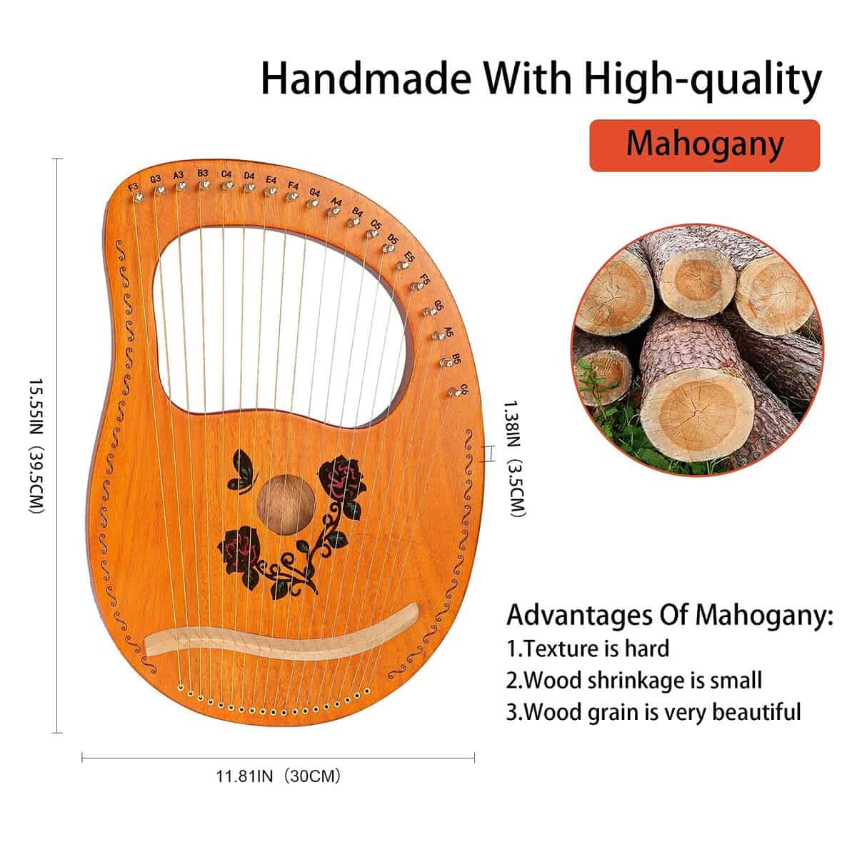 Arpa Lira Cuecutie de 19 Cuerdas en Madera de Rosa - Arpa - Imagen 3