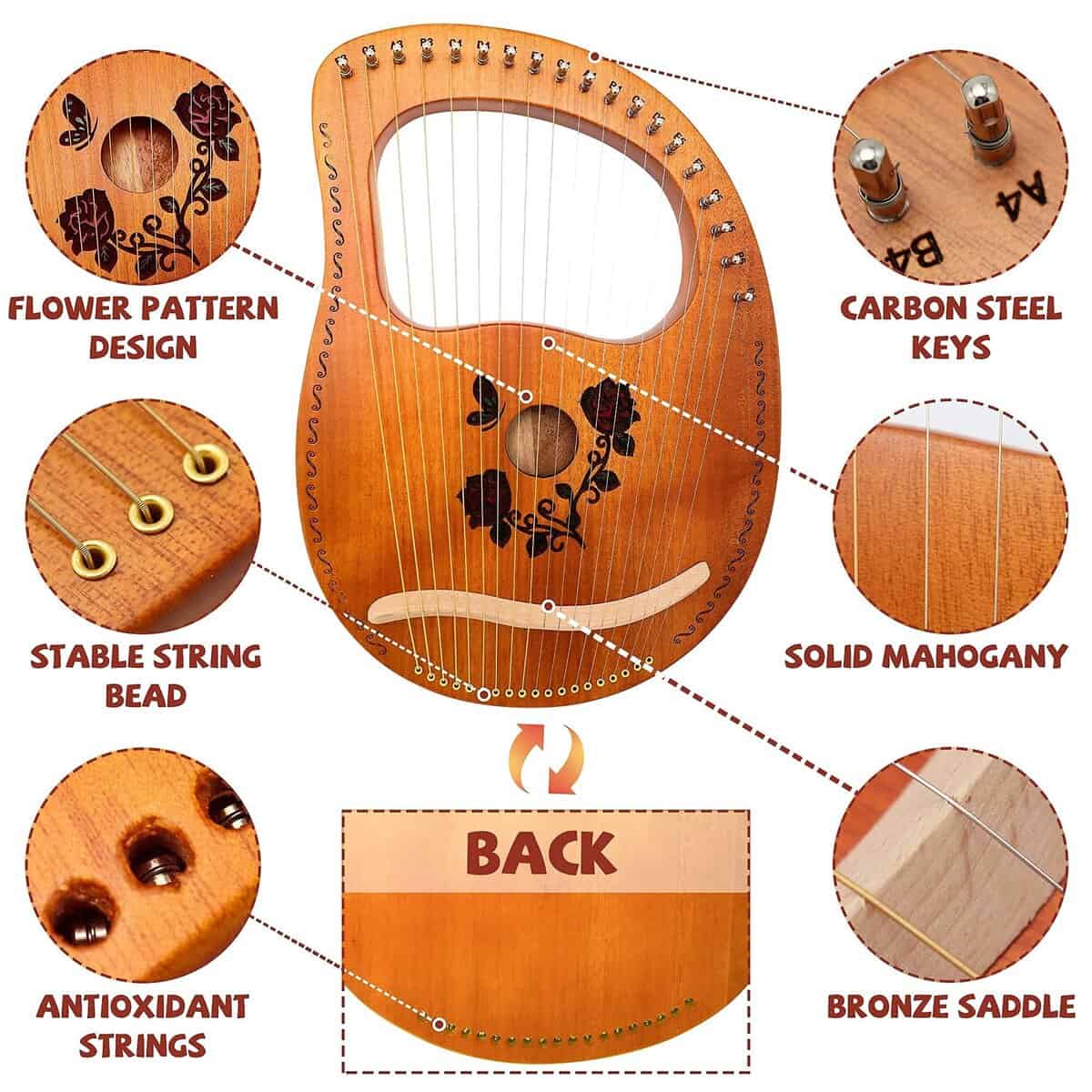 Arpa Lira Cuecutie de 19 Cuerdas en Madera de Rosa - Arpa - Imagen 5