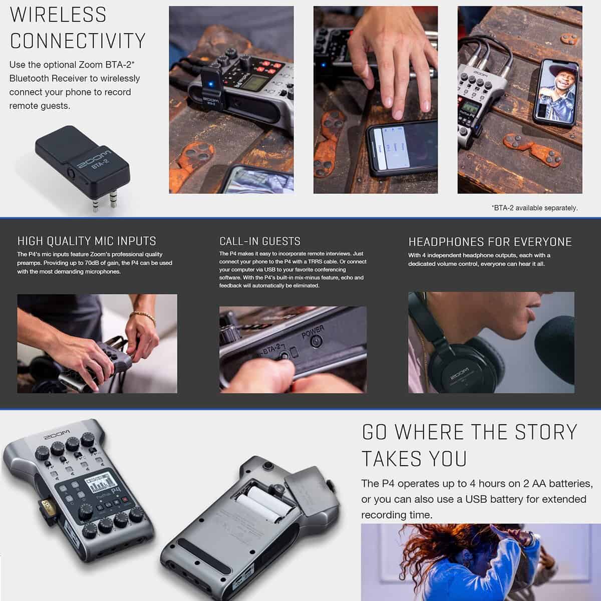 Zoom PodTrak P4 Grabador de podcast multitrack portátil + - Imagen 4