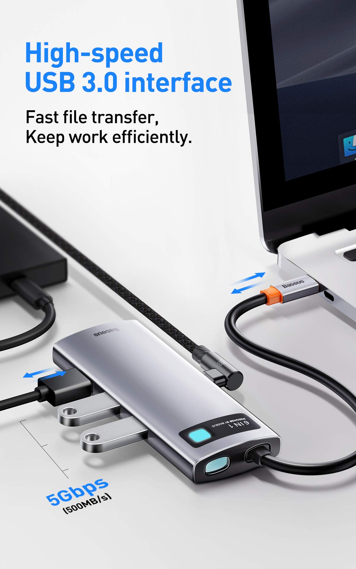 Baseus 6 en 1 USB C Hub, Adaptador de Concentrador Tipo C a - Imagen 5