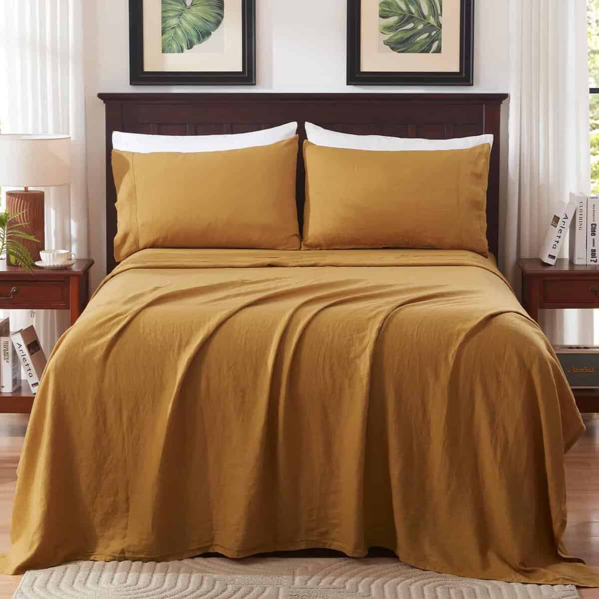 Juego de sábanas de lino puro TOSMO, 100% -Amarillo Butternu