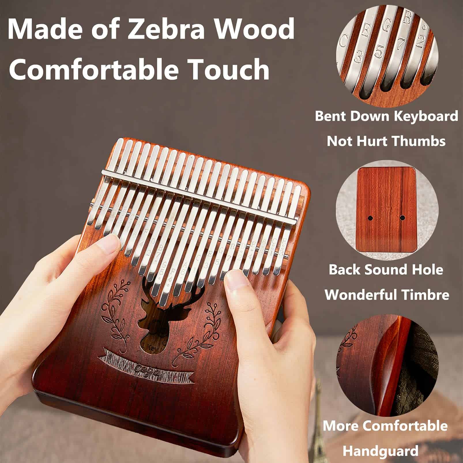Kalimba 21 Teclas Piano de Pulgar de Madera de Zebrano - Imagen 3