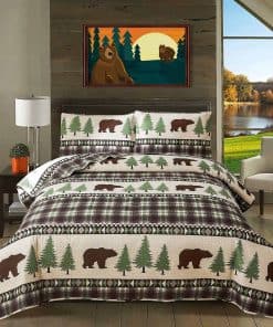 Edredón Tamaño Queen, Juego de 3 Piezas, marrón Oso Verde