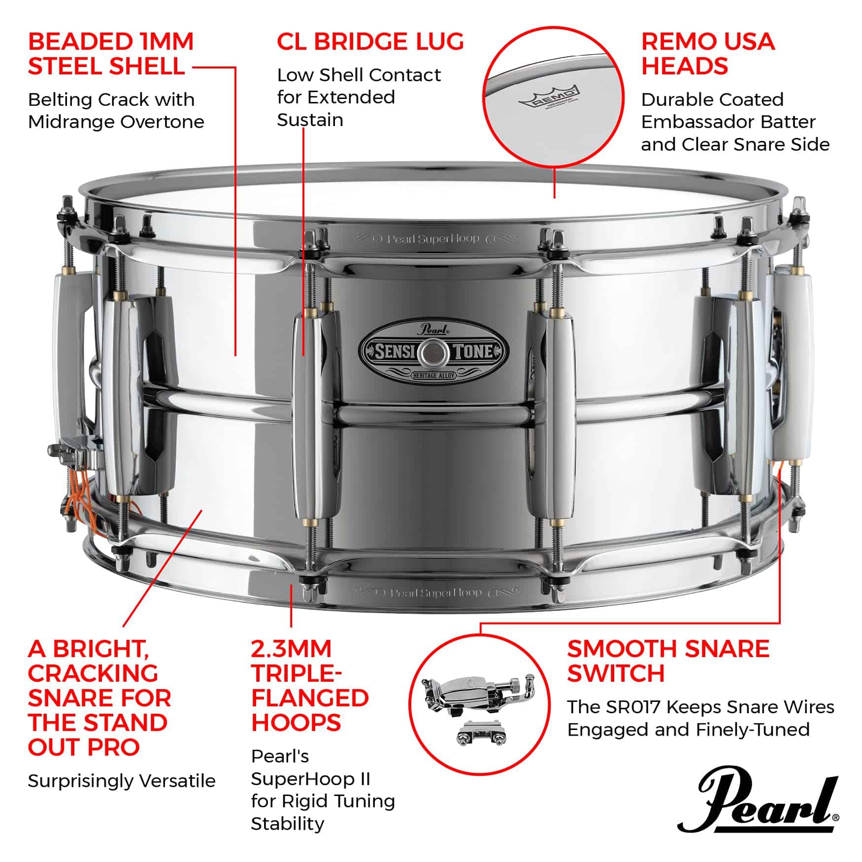 Pearl 14"x6.5" SensiTone Heritage Alloy Cromado sobre Acero - Imagen 3