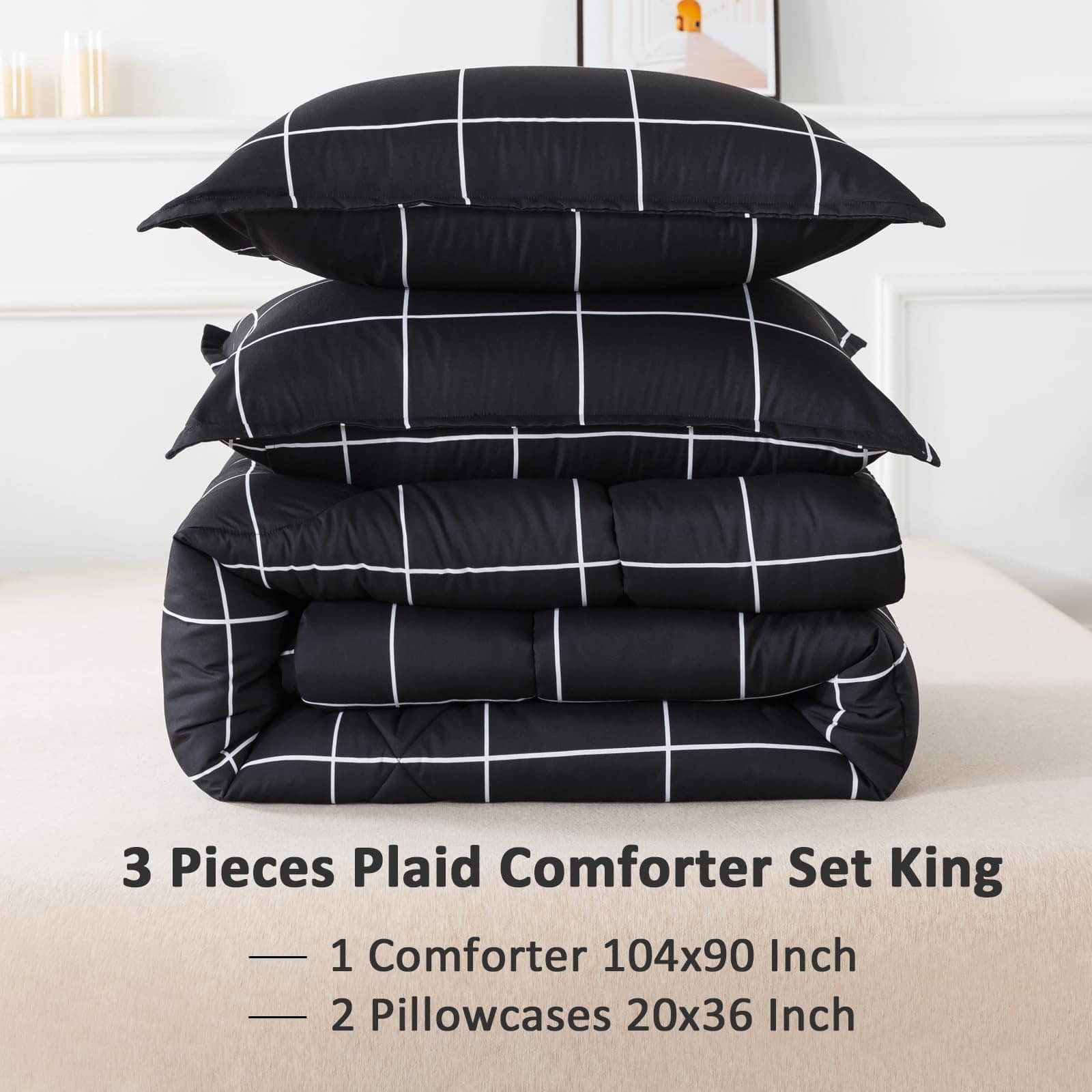 Juego de edredón Andency Black Grid King (104x90 pulgadas), - Imagen 6