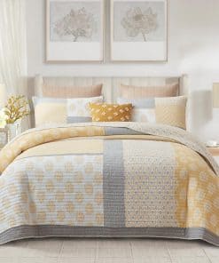 Colcha King Size Finlonte, 100% Algodón -Amarillo/Gris/Blanc