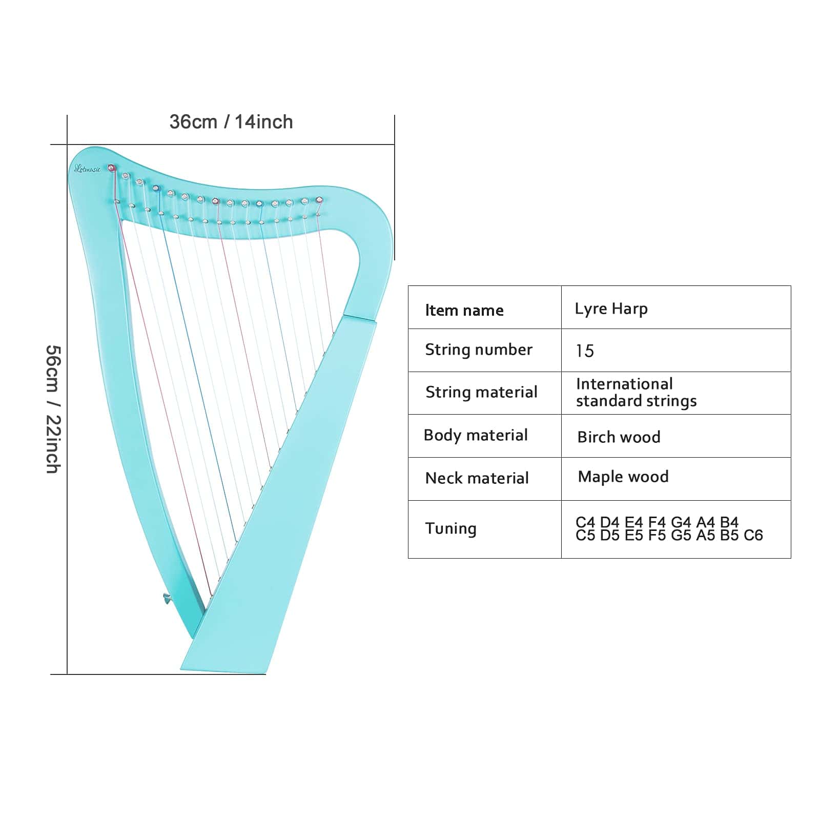 Arpa de Lira de 15 Cuerdas 22 Pulgadas de Madera de Abedul - Imagen 3