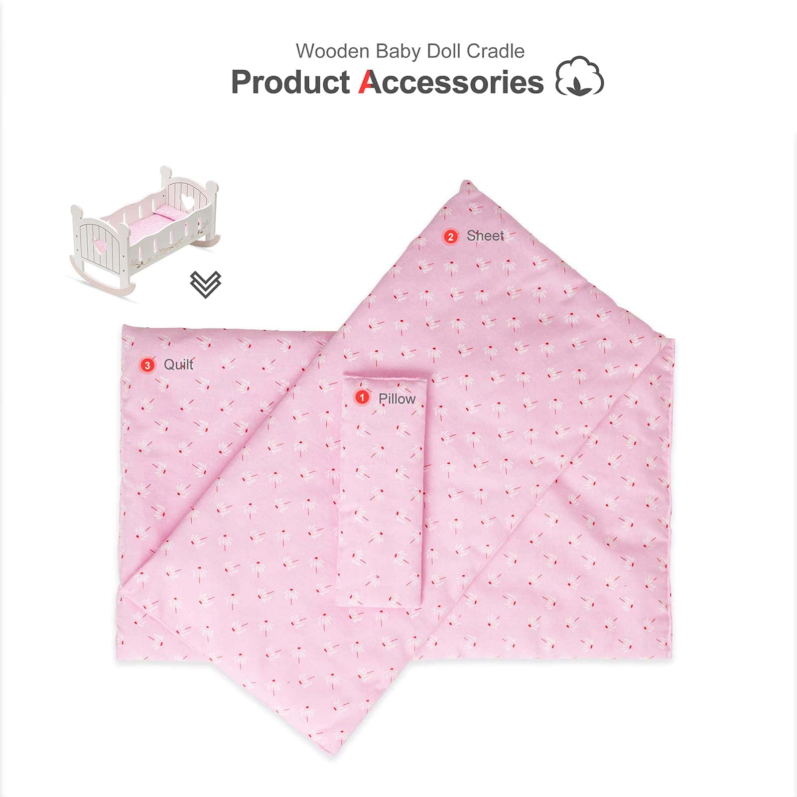 Cuna de Muñecas de Madera ROBUD con Ropa de Cama, Moisés - Imagen 9